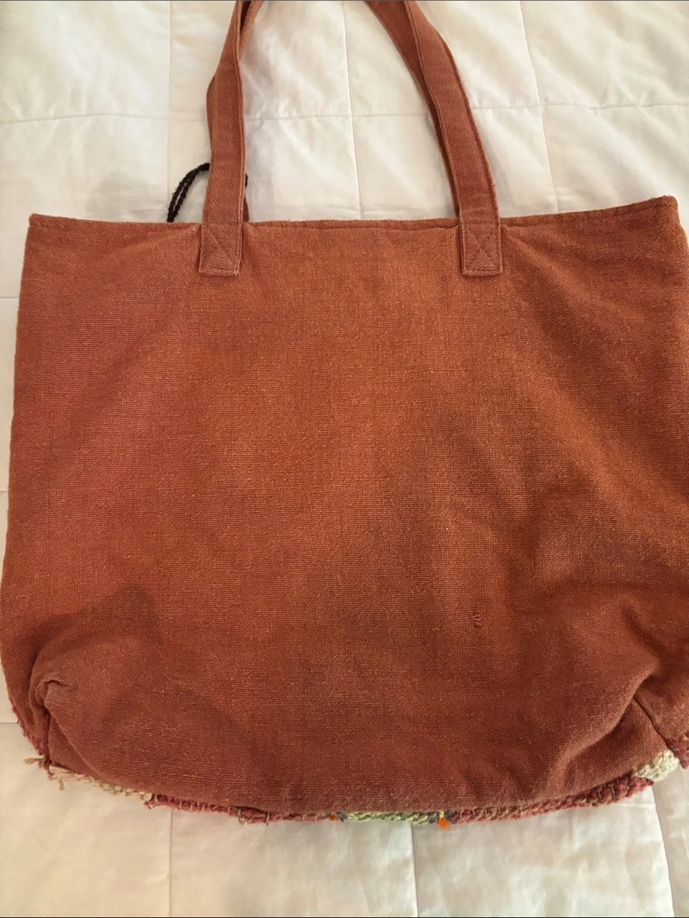 World Market Red-Brown and Green Woven Tote with Tassel 15x17 inches